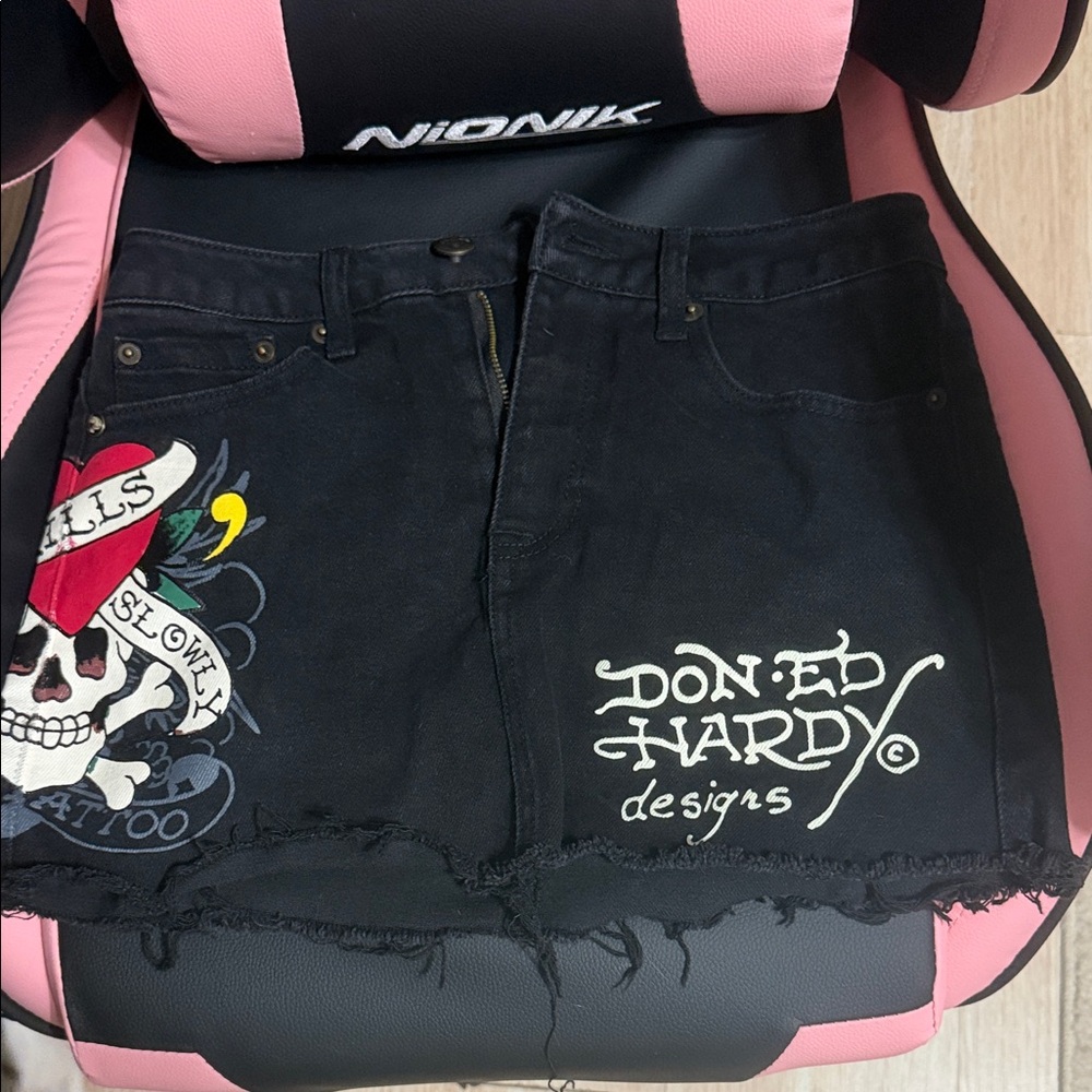 Ed Hardy Black Denim Mini Skirt with Multicolor Tattoo Graphic